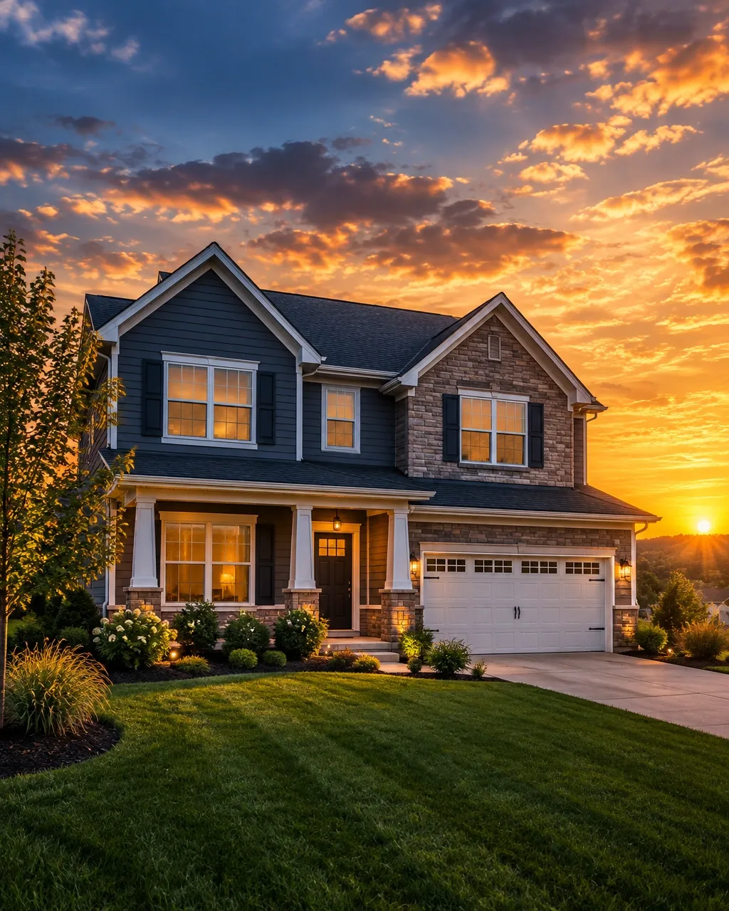 Welcoming Central Ohio home at golden hour
